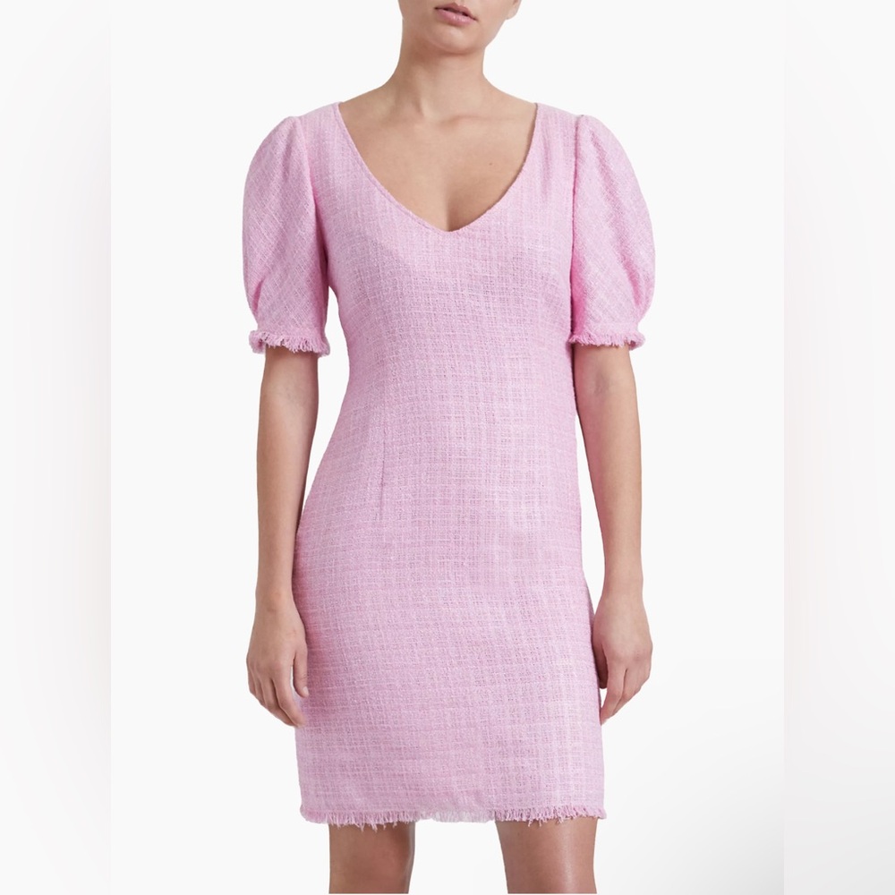 Santorelli Bianca Tweed Knee-Length Dress Sz 46 US 10 Medium Pink V Neck Fringe